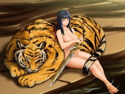 black_hair breasts brown_eyes feet_in_water fushisha_o hrist_valkyrie long_hair nipples nude scar soaking_feet sword tiger valkyrie_profile water weapon