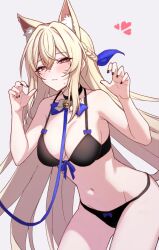 animal_ear_fluff animal_ears bare_arms bare_shoulders bell bikini black_bikini black_nails blonde_hair blush braid breasts cat_ears cat_girl cat_tail claw_pose cleavage collar counter:side cowboy_shot crossed_bangs ecclesia_(counter:side) female french_braid groin hair_between_eyes half-closed_eyes halterneck hands_up heart highres leaning_forward leash ll_0109 long_hair looking_at_viewer medium_breasts mole mole_under_eye mors_(counter:side) navel neck_bell red_eyes simple_background solo standing sweatdrop swimsuit tail white_background