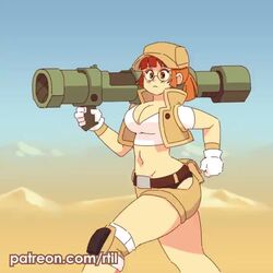 1girls animated bouncing_breasts breasts cap cleavage clothed female female_only fio_germi glasses gloves hat large_breasts loop metal_slug no_sound outdoors ponytail red_hair rocket_launcher rtil run_cycle running shorter_than_30_seconds shorts solo tank_top video wide_hips