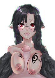 1boy areolae artist_name black_feathers black_hair black_wings blinkblink_art blush body_writing braid breasts commentary english_commentary feathered_wings feathers female glasses harpy highres large_areolae large_breasts long_hair monster_girl nipples nude original paizuri penis pointy_ears pov red_eyes saliva saliva_trail semi-rimless_eyewear simple_background straight tongue tongue_out twin_braids white_background winged_arms wings