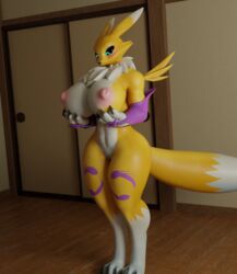 1girls 3d anthro blue_eyes blush breasts butt claws digimon embarrassed female furry huge_breasts jigjig large_areolae large_ass large_nipples muscular nipples renamon solo solo_female two_tone_body