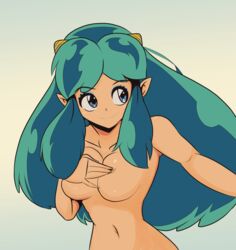 1girls 2021 blue_eyes breasts covered_nipples female green_hair hand_on_breast horns humanoid iggy-bomb large_breasts light-skinned_female light_skin long_hair lum nude oni oni_female oni_girl pointy_ears princess selfie simple_background solo urusei_yatsura