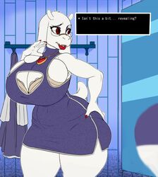 big_ass big_breasts box-s bra cleavage dialogue glasses goat_horns hand_on_hip huge_ass huge_breasts mirror necklace nervous panties red_eyes red_lipstick red_nails revealing_clothes thick_thighs tight_clothing tight_fit toriel undertale white_fur