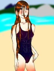 abs average_breast_size beach blurry_background brown_hair long_hair muscular_female one-piece_swimsuit six_pack solo solo_female