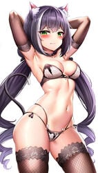 1girls 3: animal_ear_fluff animal_ears armpits arms_behind_head arms_up bangs black_choker black_hair blush bra breasts brown_gloves brown_legwear cat_girl cat_tail choker clavicle cleavage contrapposto cowboy_shot drill_hair elbow_gloves eyebrows_visible_through_hair female female_only fishnet_legwear fishnets frown gloves green_eyes hi_res high_resolution highres karyl_(princess_connect!) kyaru_(princess_connect) large_filesize linea_alba lingerie long_hair looking_at_viewer low_twintails medium_breasts multi-strapped_panties multicolored_hair navel nekomimi pantsu princess_connect! princess_connect!_re:dive purple_hair raised_tail side-tie_panties simple_background skindentation slender_waist solo standing stomach strapless strapless_bra streaked_hair string_panties sunhyun tail thighhighs thighs tied_hair twin_drills twintails underwear underwear_only very_high_resolution very_long_hair white_background white_bra white_panties white_underwear