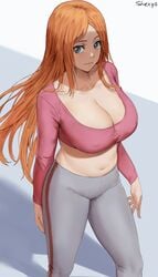 1girls 2021 arms_by_side artist_signature belly_button bleach blush blushing breasts cleavage_cutout clothed erect_nipples erect_nipples_under_clothes female female_focus female_only fully_clothed grey_eyes hi_res hips huge_breasts inoue_orihime long_hair long_sleeves midriff nipples orange_hair pink_topwear shexyo simple_background smile smiling solo standing thick_thighs thighs tight_clothing tight_fit white_background white_yoga_pants wide_hips yoga_pants