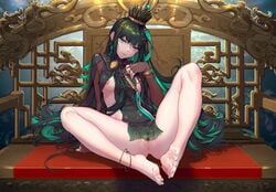 1girls anklet anus areolae ass barefoot bottomless bracelet breasts censored crown feet feet_together female female_only fingerless_gloves green_eyes green_hair green_nails hair_ornament highres jewelry legs long_hair looking_at_viewer miaodiande_yuanshoumiao mosaic_censoring nail_polish nipples punishing:_gray_raven pussy qu_(punishing:_gray_raven) seductive sitting soles solo thighs toenail_polish toes