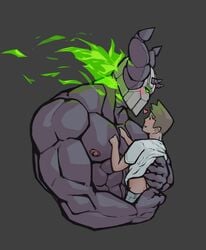 2boys abs bara biceps blush burning_eyes cute faceless_male gay green_eyes green_fire grey_background grey_skin helmet holding_partner larger_male looking_at_partner looking_up_at_partner love male_only maledom malesub monster_boy monster_on_male muscular_arms muscular_male muscular_shoulders muscular_thighs nipples pecs pink_nipples side_view simple_background smaller_male turluck white_shirt wilder_the_dark_lord yaoi