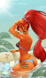 1girls artist_signature ass back_view bathing breasts breath_of_the_wild closed_eyes dark-skinned_female dark_skin day earrings female female_only gerudo helixel high_ponytail jewelry long_hair outdoors outside ponytail red_hair signature solo solo_female sunny the_legend_of_zelda the_legend_of_zelda:_breath_of_the_wild underwear urbosa wedgie