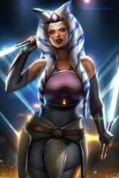 1girls ahsoka_tano ayyasap blue_eyes clothed clothing disney_xd female_focus female_only hi_res light_saber lightsaber looking_at_viewer lucasfilm only_female orange_skin pose simple_background solo star_wars star_wars_rebels togruta watermark wide_hips