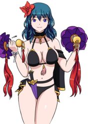 1girls alternate_costume bikini black_bikini black_swimsuit blue_eyes blue_hair breasts byleth_(fire_emblem) byleth_(fire_emblem)_(female) cape dagger female fire_emblem fire_emblem:_three_houses fire_emblem_heroes flower flower_in_hair hair_flower hibiscus holding holding_object large_breasts lipstick looking_at_viewer medium_hair nintendo pale_skin red_flower sealllll solo swimsuit teal_hair weapon white_background