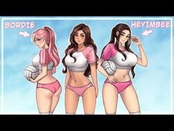 3girls aches ass bangs big_ass big_breasts bordie brown_hair female female_focus female_only heyimbee large_breasts long_hair low_res low_resolution lumiixq multiple_girls official_art panties pink_hair pink_panties ponytail sports_uniform sportswear tan tan_skin thick_thighs thumbnail tied_hair volleyball volleyball_(ball) wavy_hair youtube youtuber