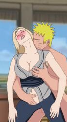 1boy 1girls age_difference amber_eyes big_breasts blonde_hair blush brudermannn clothing facial_markings fingering fingering_from_behind fingering_pussy forehead_mark huge_breasts kissing kissing_neck large_breasts lipstick mature_female milf moustache naruto naruto_(series) naruto_shippuden older_female pale-skinned_female pale_skin passionate pussy_juice romantic rough rough_sex shounen_jump tattoo touching_breast tsunade uzumaki_naruto yellow_hair younger_male