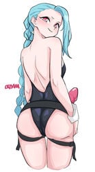 1girls 2021 artist_name artist_signature ass belt big_ass black_belt black_leotard blue_hair blush blushing braid braided_hair braided_ponytail braided_twintails cyan_hair exposed_back exposed_shoulders female female_focus female_only flat_chest flat_chested jinx_(league_of_legends) large_ass league_of_legends leotard light-skinned_female light_skin looking_at_viewer looking_back looking_back_at_viewer okdam orange_eyes pale pale-skinned_female pale_skin pink_eyes pink_strap-on riot_games sex_toy simple_background skin_tight small_breasts solo solo_female solo_focus standing strap-on thigh_belt twin_braids twintails white_background wide_hips