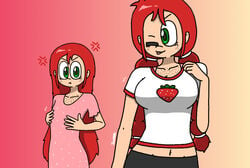 2girls alicia_(writers_crusaders) alicia_strawberry_thomson amy_(writers_crusaders) amy_strawberry_thomson angry belly_button big_breasts black_shorts braided_hair censored cute exposed_belly flat_chest freckles freckles_on_chest green_eyes jealous jealousy long_hair one_eye_closed original_characters pink_dress red_hair shorts simple_background sisters strawberry t-shirt teasing tongue_out touching_breast touching_chest wcjuan writers_crusaders