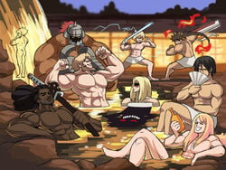 anji_mito axl_low black_hair blonde_hair bottle brown_hair chipp_zanuff dark-skinned_male eddie_(guilty_gear) fan fight flexing guilty_gear guilty_gear_strive hot_spring ky_kiske leo_whitefang light-skinned_male male_only muscular muscular_male nagoriyuki potemkin red_hair smile sol_badguy sword tagme tinafate1 towel towel_around_waist zato-1