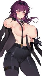 1girls areolae big_breasts blush curvy eyewear_on_head female female_only glasses glasses_on_head gloves honkai:_star_rail kafka_(honkai:_star_rail) large_breasts leather_pants looking_at_viewer ndgd necktie pants purple_eyes purple_hair solo solo_female suspenders suspenders_pull thick thick_thighs voluptuous white_background