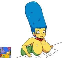 1girls ass bending_forward bent_over big_breasts blue_hair blush breasts canonical_scene cleavage dress earrings embarrassed eyelashes female female_only green_clothing green_dress iggy-bomb indoors kitchen long_hair marge_simpson milf necklace open_mouth sad scared shiny_skin sink solo solo_female the_simpsons white_background yellow_skin