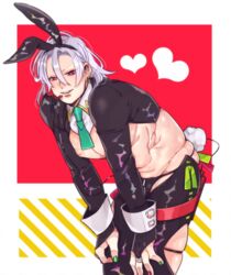 alternate_costume ambush_(trap) bent_over bunny_ears bunny_tail demon_slayer hair_down inverted_nipples kimetsu_no_yaiba kyu_717 looking_at_viewer male male_only microphone muscular muscular_male nail_polish necktie no_eyebrows red_eyes reverse_bunnysuit silver_hair smile solo tight_clothing uzui_tengen