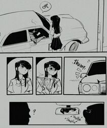 1boy 1girls ? bluehand car car_interior comic duo faceless_male female female_focus greasymeta human imminent_sex inviting inviting_to_sex komi-san_wa_komyushou_desu komi_shouko male money monochrome nervous payment prostitution