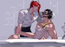 2boys bath black_hair gay jojo's_bizarre_adventure jotaro_kujo muzzle noriaki_kakyoin red_hair sadism stardust_crusaders white_gloves yaoi