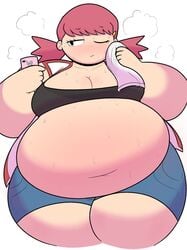 alternate_breast_size enormous_belly fat gym_leader huge_breasts midnitemorty obese obese_female overweight overweight_female pokemon pokemon_gsc sweaty thick_thighs whitney_(pokemon)