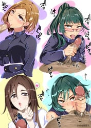 2021 4girls :q bob_cut breasts brown_eyes brown_hair clothed clothed_female clothed_female_nude_male fellatio female female_focus glasses green_hair handjob imminent_oral jujutsu_kaisen kugisaki_nobara licking_penis looking_at_partner looking_at_viewer male_pubic_hair multiple_boys multiple_girls nude_male nurse oral penis pubic_hair shoko_ieiri short_hair simple_background smug sucking_tip tinp0ginginmaru tongue tongue_out uncensored unseen_male_face zenin_mai zenin_maki