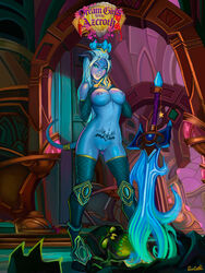 1girls big_breasts breasts draenei female female_only full_body hooves horns looking_at_viewer nipples paladin pussy pyrista sansemill solo tail tattoo warcraft world_of_warcraft