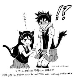 1boy 1girls cat_ears cat_tail catboy catgirl crossdressing female hero_(omori) male mari_(omori) mob_face monochrome omori oti_8_itumo straight text