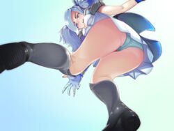 1girls 2d ass ass_shot black_boots blue_eyes blue_hair blue_panties blush blushing boots clothed clothed_female embarrassed evie_(paladins) exposed_thighs female female_focus female_only from_below gloves light-skinned_female light_skin looking_down looking_down_at_viewer pag_art paladins pale-skinned_female pale_skin panties panty_shot pantyshot pantyshot_(standing) rubber_boots simple_background solo solo_female solo_focus twintails upskirt