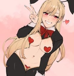 1girls blush breasts bunny_ears bunny_girl bunnysuit female female_only gyaru happy heart heart_pasties kenshin187 kitagawa_marin looking_at_viewer pasties red_eyes red_heart_pasties red_pasties reverse_bunnysuit smiling_at_viewer solo sono_bisque_doll_wa_koi_wo_suru v_sign