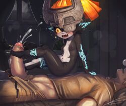 ! 1boy 1girls belly big_penis black_body blush cum cumshot elf eltonel erect_penis erection footjob grey_body helmet link link_(twilight_princess) looking_at_penis male midna open_mouth orange_hair penis pubic_hair pulling_down_pants red_eyes sitting sitting_on_belly sitting_on_person sleeping the_legend_of_zelda touching_penis twilight_princess unseen_male_face wide_hips wide_thighs yellow_sclera