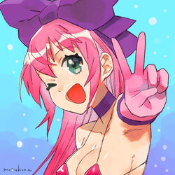 armpits artist_name bikini blue_background grand_theft_auto grand_theft_auto_iv grand_theft_auto_v green_eyes mogahonu one_eye_closed open_mouth pink_bikini pink_gloves pink_hair princess_robot_bubblegum princess_robot_bubblegum_(character) purple_ribbon sexy_armpits tagme v