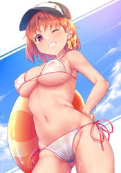 bangs bikini black_headwear blue_sky bow cloud covered_nipples cowboy_shot female groin hairbow halterneck hand_on_hip hat highres kanabun looking_at_viewer love_live! love_live!_sunshine!! navel one_eye_closed orange_hair red_eyes see-through short_hair side-tie_bikini sky smile solo string_bikini sweat swimsuit takami_chika white_background white_bikini yellow_bow