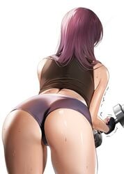 1girls 2021 arched_back ass ass_cheeks ass_focus back back_view bare_legs bending_over bent_over black_tank_top bubble_butt cameltoe damda dumbbell facing_away facing_forward fate/grand_order fate_(series) female female_focus female_only fingerless_gloves gloves gym_clothes holding_object large_ass lifting_weights long_hair mature_female painted_nails pink_nails purple_hair purple_shorts scathach_(fate) short_shorts shorts simple_background sweat sweaty_body tank_top thick_thighs thighs white_background working_out workout_clothes