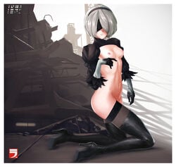 1girls black_legwear blindfold bottomless breasts female high_heels layerx3 mole mole_under_mouth nier nier:_automata nier_(series) silver_hair small_breasts solo solo_female solo_focus thigh_boots yorha_2b