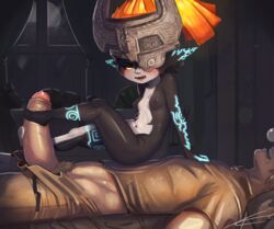 1boy 1girls belly big_penis black_body blush elf eltonel erect_penis erection footjob grey_body helmet imp link link_(twilight_princess) looking_at_penis male midna orange_hair penis pubic_hair pulling_down_pants red_eyes sitting sitting_on_belly sitting_on_person sleeping the_legend_of_zelda touching_penis twilight_princess unseen_male_face wide_hips wide_thighs yellow_sclera