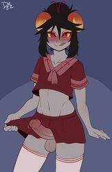 1boy 2021 balls black_hair blue_background blush clothing crop_top crossdressing damara_megido dezz erection erection_under_skirt femboy fit ftm_crossgender genderswap genderswap_(ftm) girly grey_skin hair_bun homestuck horns licking_lips looking_at_viewer male male_only mostly_clothed ms_paint_adventures penis red_eyes rule_63 school_uniform short_hair skirt skirt_pull solo solo_male standing thighhighs tongue tongue_out troll