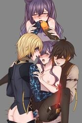 1boy 1girls anal anal_sex blush dainsleif_(genshin_impact) double_penetration fellatio genshin_impact handjob keqing_(genshin_impact) licking_penis litoldebil long_hair open_mouth oral purple_hair ripped_clothing sandwiched stand_and_carry_position standing standing_sex threesome twintails vaginal_penetration zhongli_(genshin_impact)