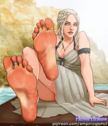 arm_band barefoot blue_eyes breasts daenerys_targaryen empiricalsmut feet female foot_fetish foot_focus game_of_thrones jewelry red_toenails soles solo toe_ring toes