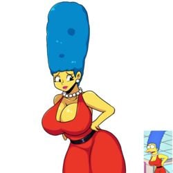 1girls belt bending_forward big_breasts black_eyes black_pupils blue_hair breasts cleavage dress earrings eyelashes female female_only hands_on_hips hurt iggy-bomb lipstick long_hair looking_back marge_simpson milf necklace pearl_necklace red_clothing red_dress redraw sad shiny_skin solo standing the_simpsons white_background yellow_skin