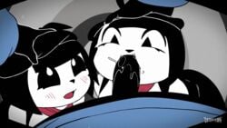 1boy 2d 2d_animation 2girls animated black_hair blowjob bonbon_(derpixon) chuchu_(derpixon) deep_throat derpixon forced_oral gif hat loop mime mime_and_dash mime_girl oc oral oral_sex original_character saliva straight sucking_testicles tagme threesome throat_fuck white_fur