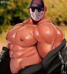 1boy abs bara baseball_cap beefy biceps bodybuilder broad_shoulders cap daddy dilf friday_the_13th gay gay_male himbo hockey_mask horror horror_himbos jason_voorhees male male_nipples male_only masculine mature_male muscle muscles muscular_arms muscular_chest muscular_male open_shirt pecs red_eyes shiny_skin shirt_down smooth_skinned_male softcore solo uncle waist_up zaddy