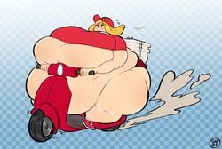 1boy abstract_background big_belly blonde_hair femboy gammanaut girly hi_res highres huge_belly hyper_belly hyper_thighs moped obese pizza pizza_delivery solo solo_male sweat sweaty_body thick_thighs vehicle vespa_(vehicle)