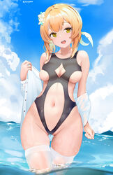 bangs bare_shoulders black_swimsuit blonde_hair blue_sky breasts cameltoe chinese_commentary cleavage cleavage_cutout clothing_cutout cloud commentary_request cowboy_shot day female flower fuenyuan genshin_impact groin hair_flower hair_ornament highleg highleg_swimsuit highres long_hair looking_at_viewer lumine_(genshin_impact) medium_breasts midriff navel navel_cutout off_shoulder one-piece_swimsuit open_clothes open_mouth open_shirt outdoors shirt sideboob skindentation sky solo standing swimsuit thighhighs twitter_username upper_teeth wading water wet white_flower white_legwear white_shirt yellow_eyes