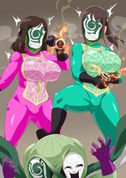 1boy 2girls big_breasts big_thighs black_boots black_gloves blush bodysuit boots breasts brown_background brown_hair cape curvaceous curvy curvy_female curvy_figure fist gloves green_bodysuit green_cape green_mask hayami_sena heroine long_hair malfunction mashin_sentai_kiramager mask masked masked_female monster ooharu_sayo otokam1117 pink_bodysuit ponytail purple_gloves sayo_ooharu sena_hayami shocked shoulder_length_hair skintight skintight_bodysuit skintight_clothing skintight_suit smoke sparks stepping stepping_on_head super_sentai superheroine thick_thighs tight_clothes tight_clothing tight_fit tokusatsu voluptuous