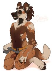 african_wild_dog anthro balls brown_balls brown_body brown_fur brown_hair brown_sclera brown_sheath canid canine cheek_tuft clothed clothing dreadlocks facial_tuft fangs full-length_portrait fur genitals grey_loincloth hair half-erect hi_res kneeling male mammal narrowed_eyes neck_tuft open_mouth orange_body orange_fur penis penis_tip portrait pupbii signature simple_background solo three-quarter_view topless tuft white_background white_body white_fur