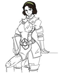 1futa balls big_balls black_hair clothed clothing futa_only futanari huge_balls huge_cock human lewdreaper monochrome monster_hunter monster_hunter_world mostly_clothed penis precum serious_handler short_hair sketch solo standing