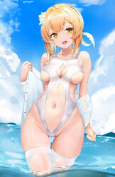 bangs bare_shoulders blonde_hair blue_sky breasts cameltoe chinese_commentary cleavage cleavage_cutout clothing_cutout cloud commentary_request cowboy_shot day female flower fuenyuan genshin_impact groin hair_flower hair_ornament highleg highleg_swimsuit highres long_hair looking_at_viewer lumine_(genshin_impact) medium_breasts midriff navel navel_cutout off_shoulder one-piece_swimsuit open_clothes open_mouth open_shirt outdoors shirt sideboob skindentation sky solo standing swimsuit thighhighs twitter_username upper_teeth wading water wet white_flower white_legwear white_shirt white_swimsuit yellow_eyes