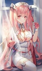 azur_lane big_breasts blunt_bangs blush boob_window bowtie breasts cleavage covered_nipples free_space gloves hair_ornament light-skinned_female long_hair looking_away looking_pleasured name_tag no_pants nurse nurse_cap nurse_uniform perseus_(azur_lane) pink_hair red_eyes seductive sex_toy thick_thighs thighhighs tongue_out twintails vibrator wet_pussy